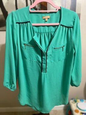Takara Teal Split-Neck Blouse with Zip Chest Pockets